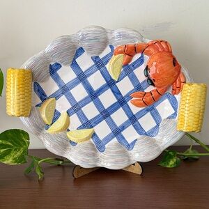 Handpainted Ceramic Seafood Platter with Crab & Corn